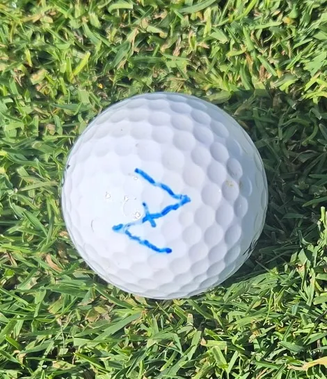A close-up of a golf ball marked with a Z, sitting in the grass